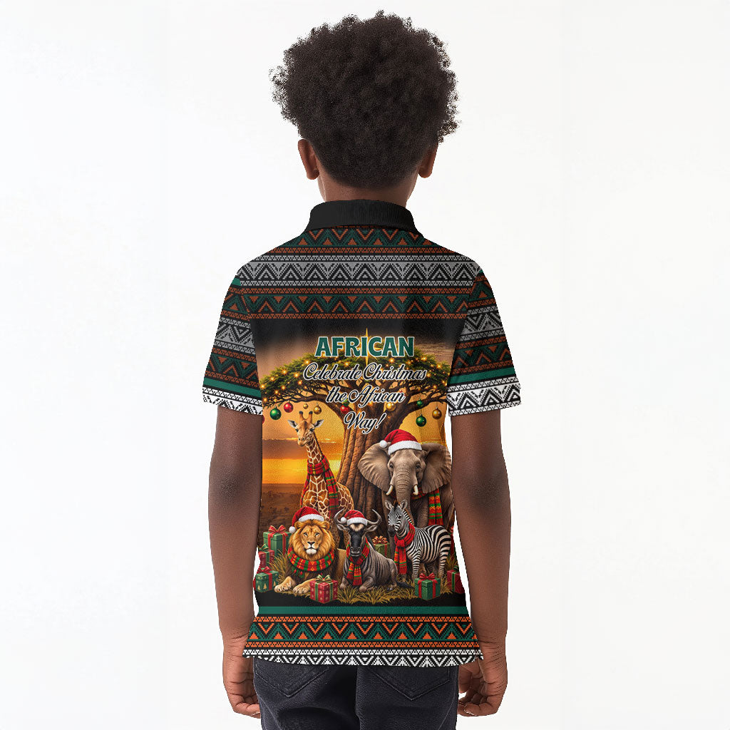African Safari Animals Christmas Kid Polo Shirt Savannah Wildlife Festive Holiday Tribal Pattern