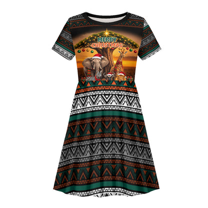 African Safari Animals Christmas Kid Short Sleeve Dress Savannah Wildlife Festive Holiday Tribal Pattern
