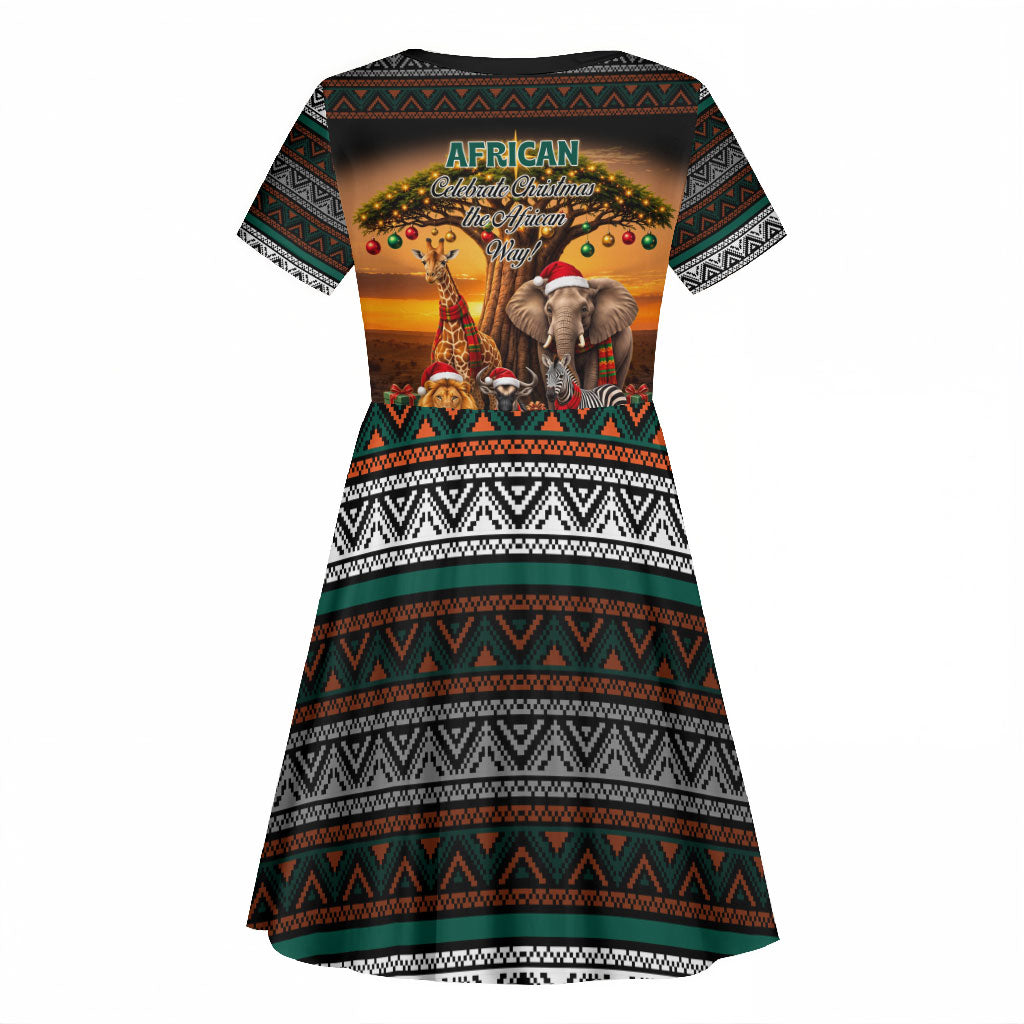 African Safari Animals Christmas Kid Short Sleeve Dress Savannah Wildlife Festive Holiday Tribal Pattern