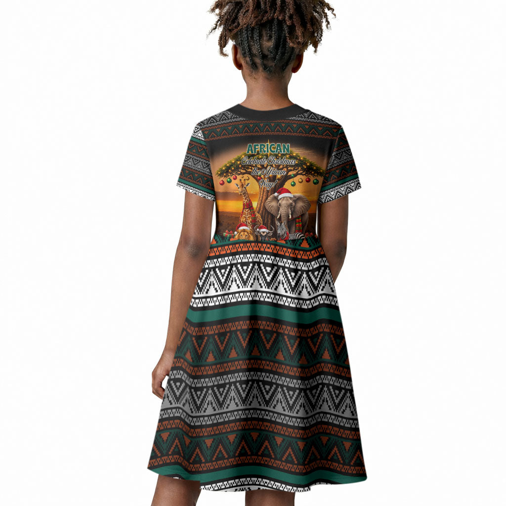 African Safari Animals Christmas Kid Short Sleeve Dress Savannah Wildlife Festive Holiday Tribal Pattern