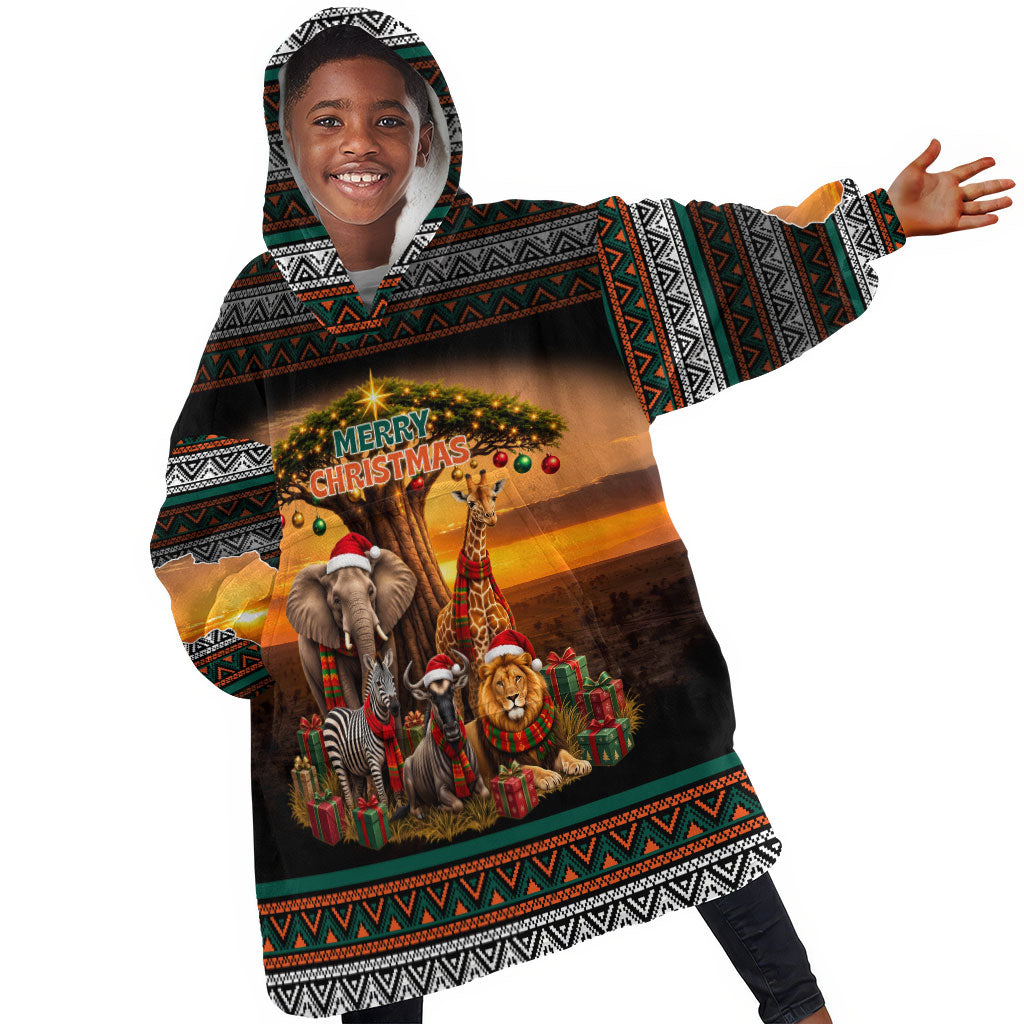 African Safari Animals Christmas Kid Wearable Blanket Hoodie Savannah Wildlife Festive Holiday Tribal Pattern