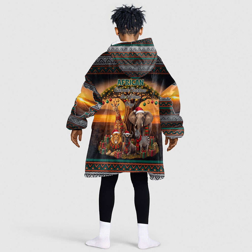 African Safari Animals Christmas Kid Wearable Blanket Hoodie Savannah Wildlife Festive Holiday Tribal Pattern