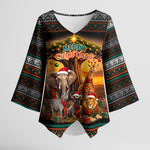 African Safari Animals Christmas Kimono Sleeve Blouse Savannah Wildlife Festive Holiday Tribal Pattern