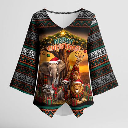 African Safari Animals Christmas Kimono Sleeve Blouse Savannah Wildlife Festive Holiday Tribal Pattern