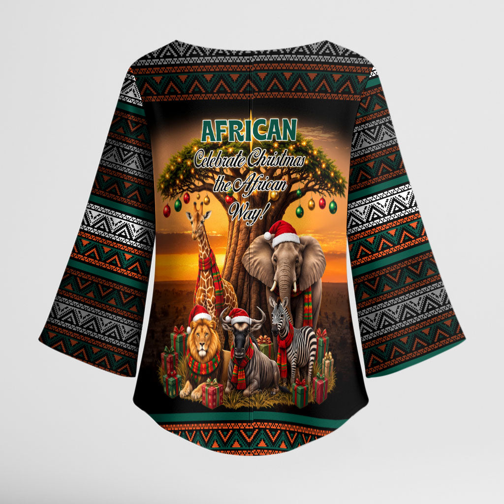 African Safari Animals Christmas Kimono Sleeve Blouse Savannah Wildlife Festive Holiday Tribal Pattern