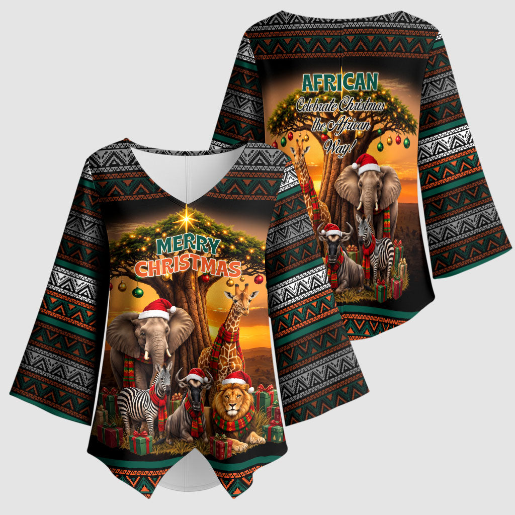 African Safari Animals Christmas Kimono Sleeve Blouse Savannah Wildlife Festive Holiday Tribal Pattern