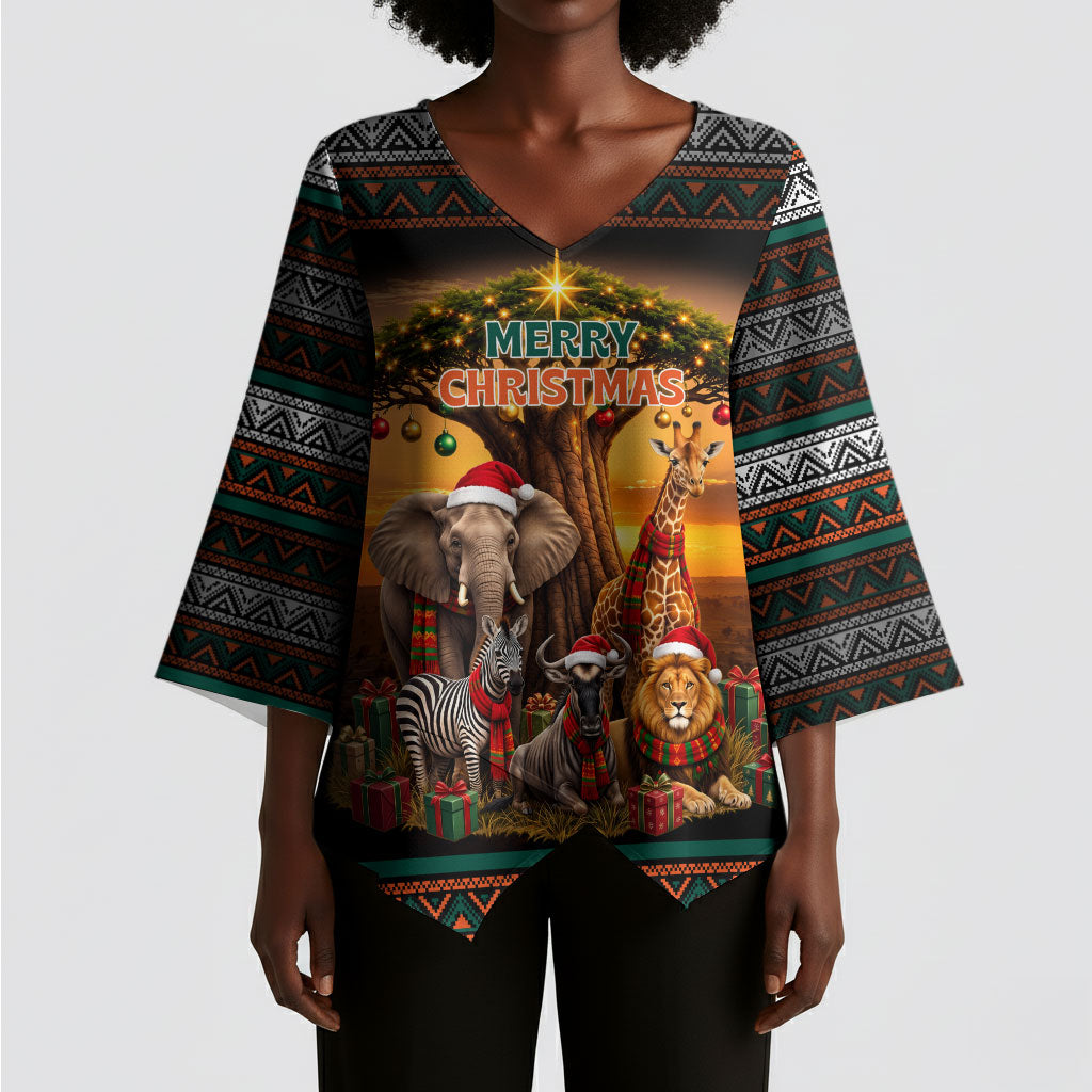 African Safari Animals Christmas Kimono Sleeve Blouse Savannah Wildlife Festive Holiday Tribal Pattern