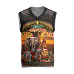 African Safari Animals Christmas Knitted V-Neck Vest Savannah Wildlife Festive Holiday Tribal Pattern