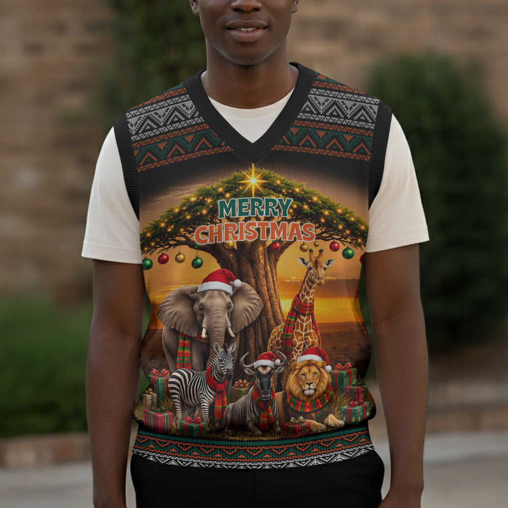 African Safari Animals Christmas Knitted V-Neck Vest Savannah Wildlife Festive Holiday Tribal Pattern