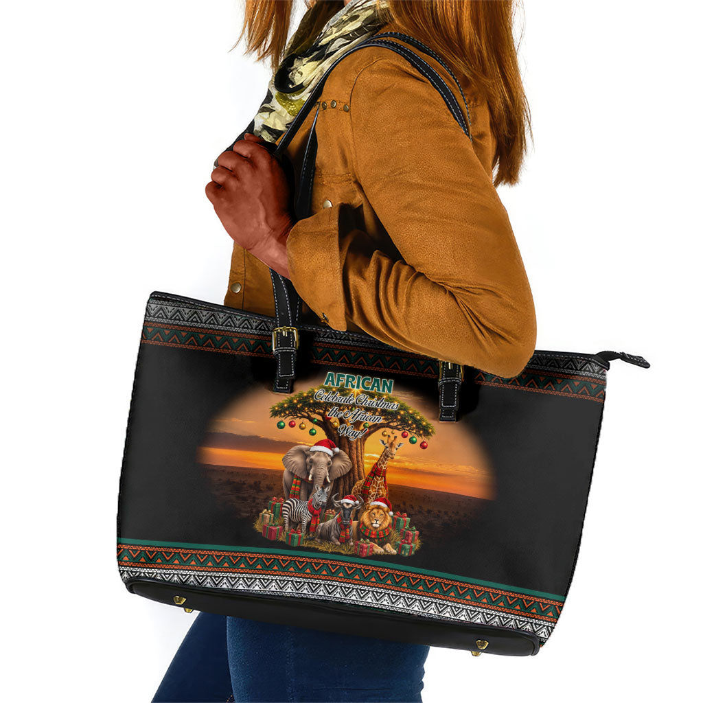 African Safari Animals Christmas Leather Tote Bag Savannah Wildlife Festive Holiday Tribal Pattern
