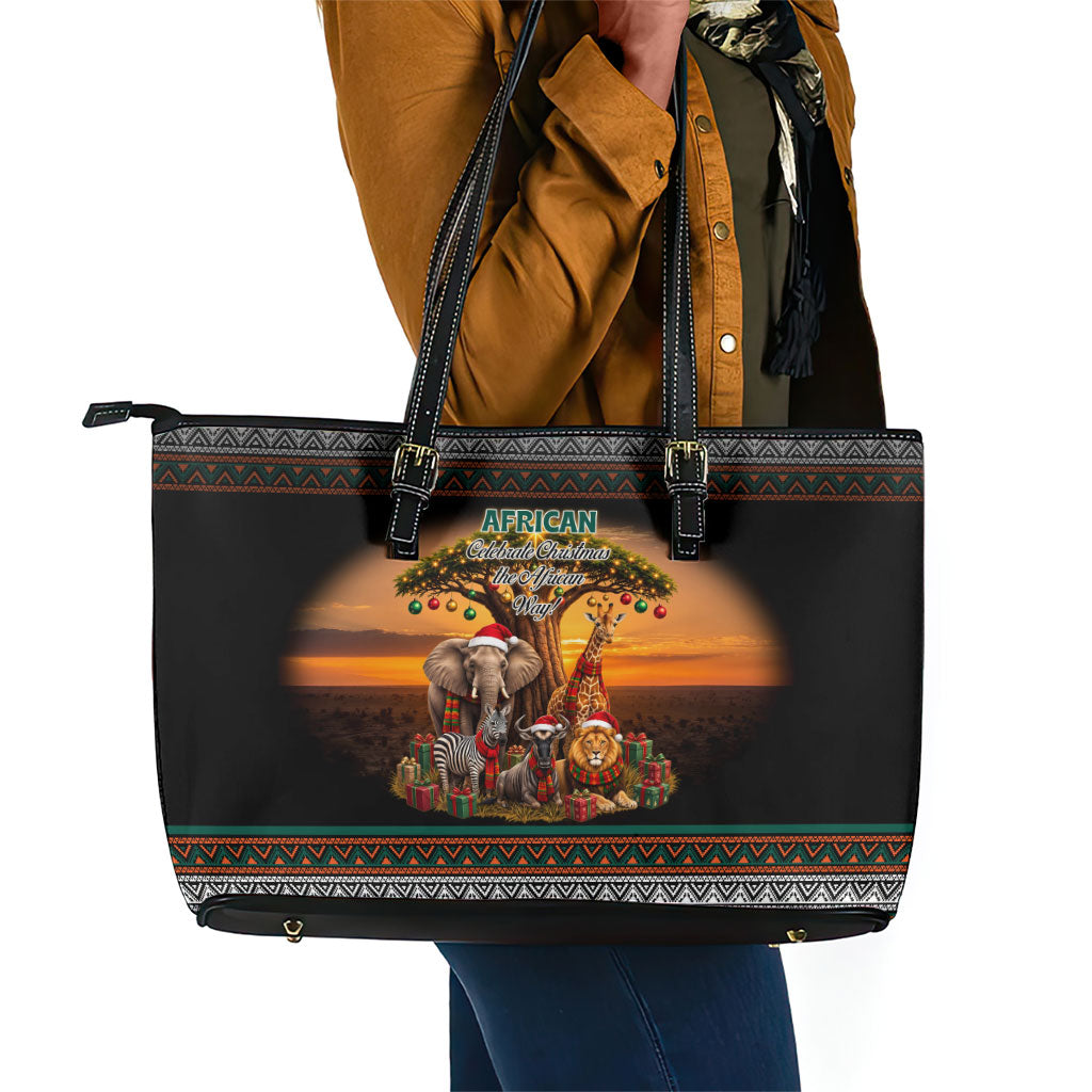 African Safari Animals Christmas Leather Tote Bag Savannah Wildlife Festive Holiday Tribal Pattern
