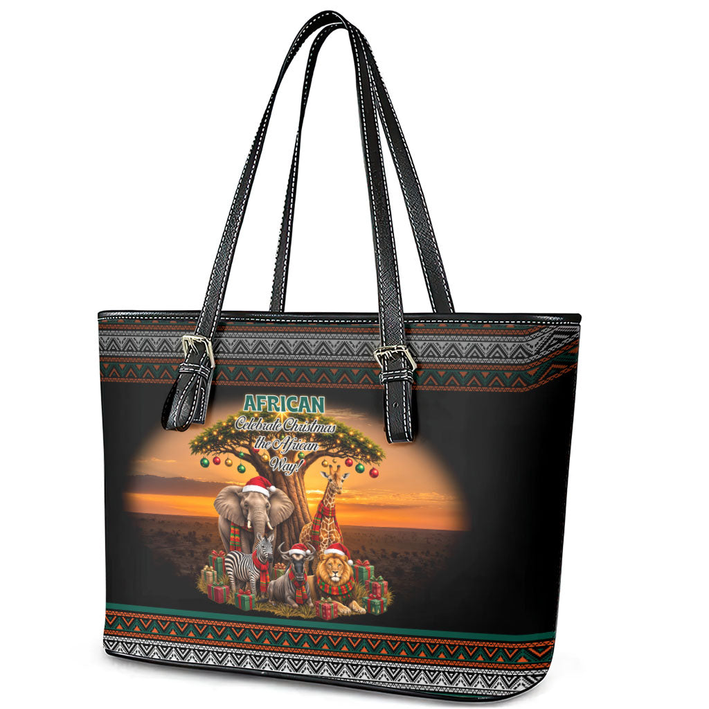 African Safari Animals Christmas Leather Tote Bag Savannah Wildlife Festive Holiday Tribal Pattern