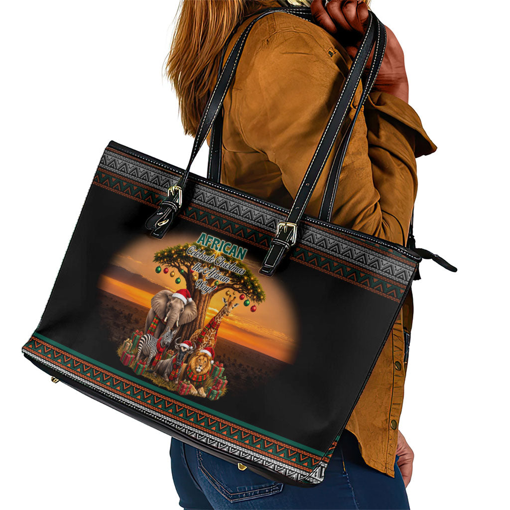 African Safari Animals Christmas Leather Tote Bag Savannah Wildlife Festive Holiday Tribal Pattern