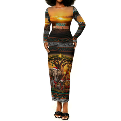 African Safari Animals Christmas Long Sleeve Bodycon Dress Savannah Wildlife Festive Holiday Tribal Pattern