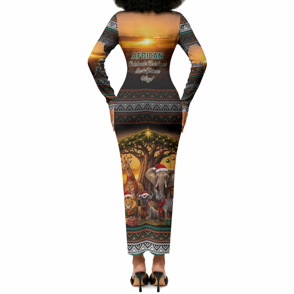 African Safari Animals Christmas Long Sleeve Bodycon Dress Savannah Wildlife Festive Holiday Tribal Pattern