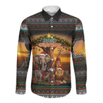 African Safari Animals Christmas Long Sleeve Button Shirt Savannah Wildlife Festive Holiday Tribal Pattern