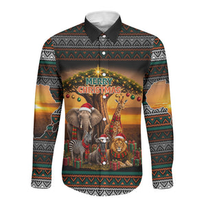 African Safari Animals Christmas Long Sleeve Button Shirt Savannah Wildlife Festive Holiday Tribal Pattern