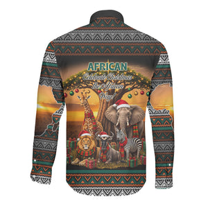 African Safari Animals Christmas Long Sleeve Button Shirt Savannah Wildlife Festive Holiday Tribal Pattern