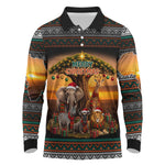African Safari Animals Christmas Long Sleeve Polo Shirt Savannah Wildlife Festive Holiday Tribal Pattern