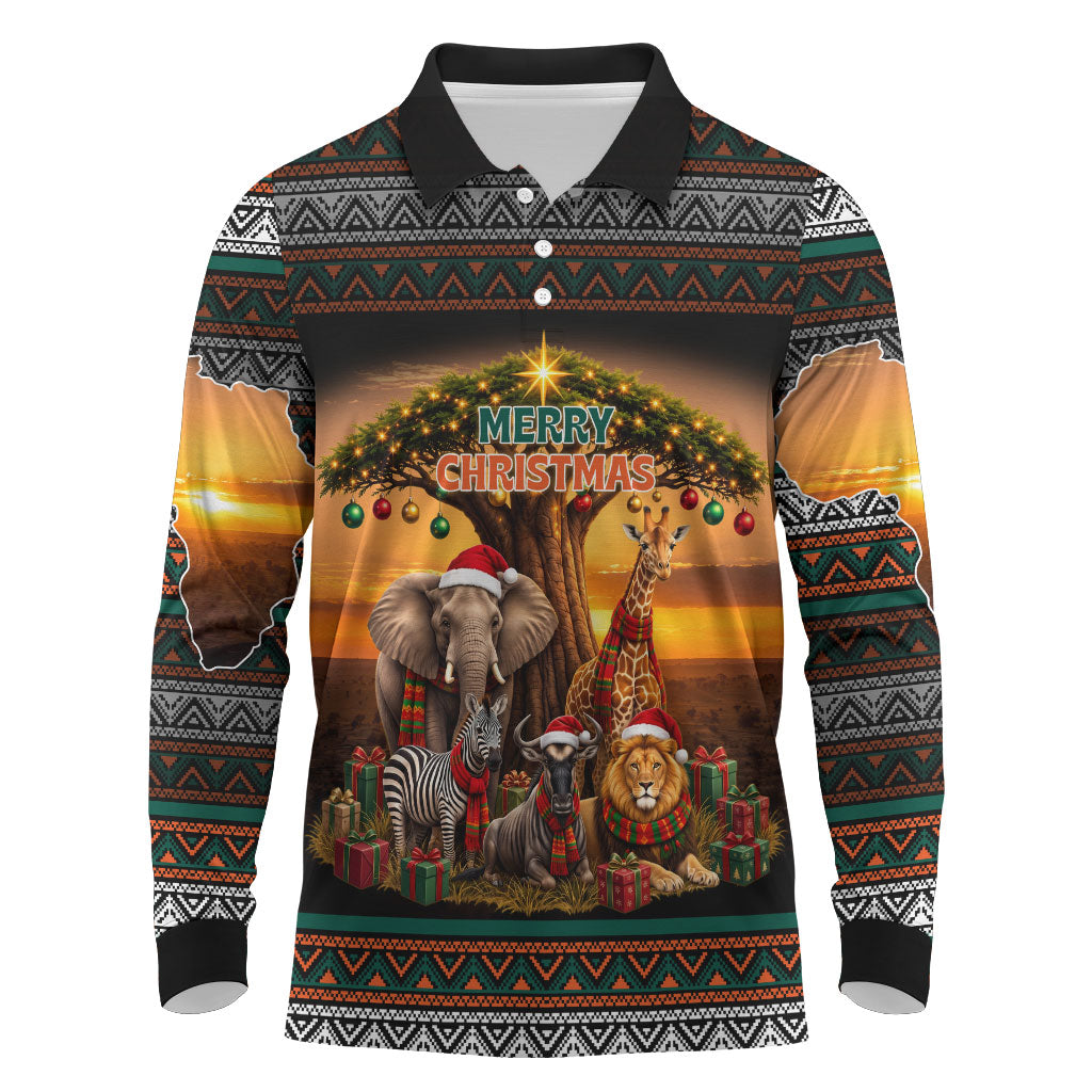 African Safari Animals Christmas Long Sleeve Polo Shirt Savannah Wildlife Festive Holiday Tribal Pattern