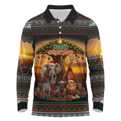 African Safari Animals Christmas Long Sleeve Polo Shirt Savannah Wildlife Festive Holiday Tribal Pattern