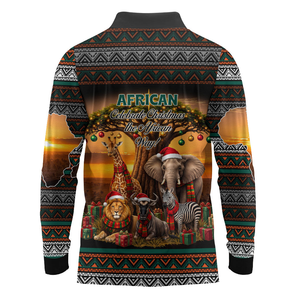 African Safari Animals Christmas Long Sleeve Polo Shirt Savannah Wildlife Festive Holiday Tribal Pattern