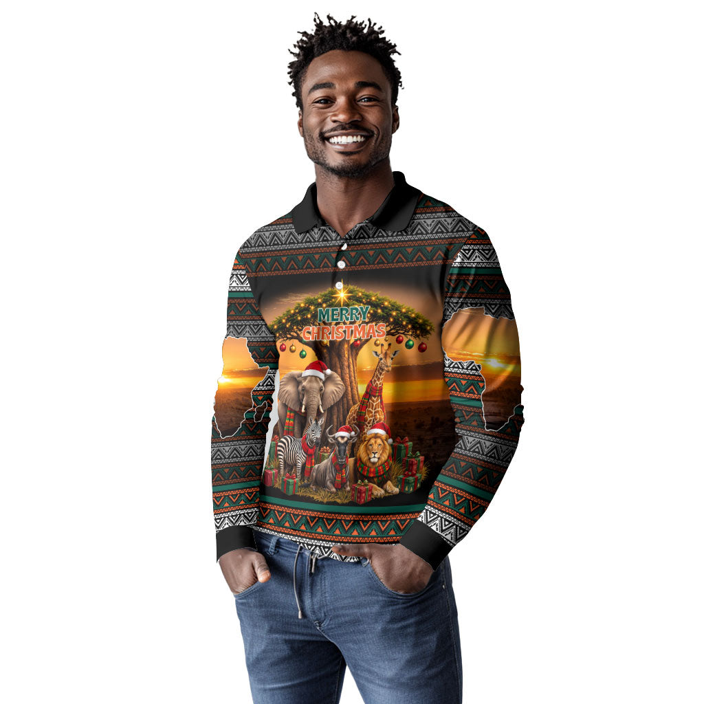 African Safari Animals Christmas Long Sleeve Polo Shirt Savannah Wildlife Festive Holiday Tribal Pattern