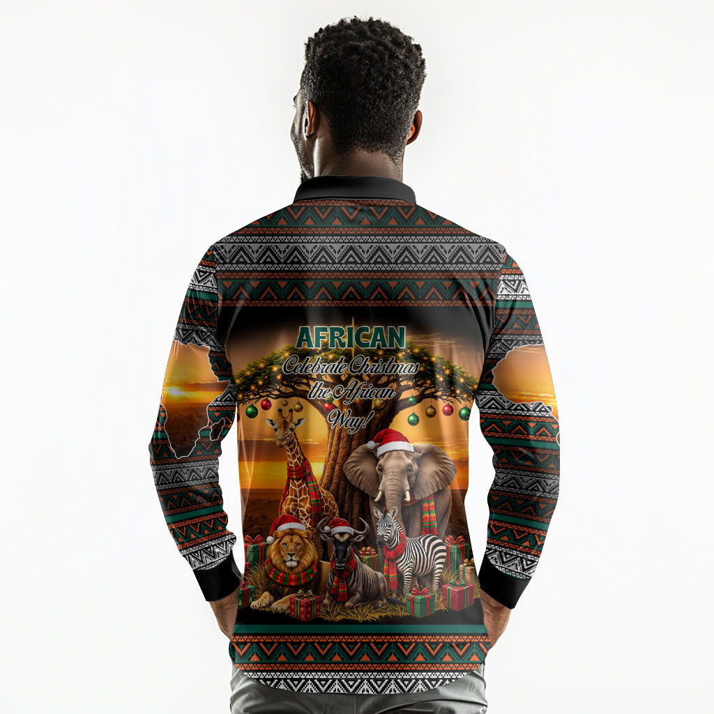 African Safari Animals Christmas Long Sleeve Polo Shirt Savannah Wildlife Festive Holiday Tribal Pattern