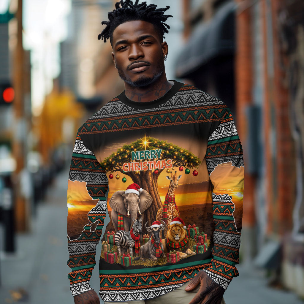 African Safari Animals Christmas Long Sleeve Shirt Savannah Wildlife Festive Holiday Tribal Pattern