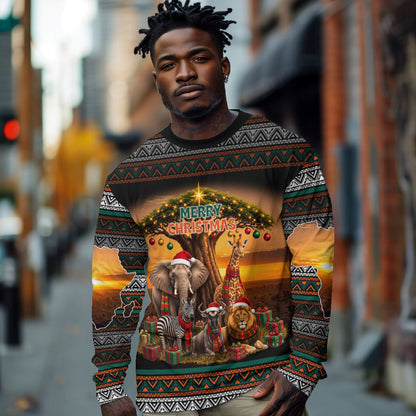 African Safari Animals Christmas Long Sleeve Shirt Savannah Wildlife Festive Holiday Tribal Pattern