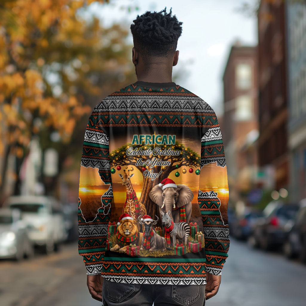 African Safari Animals Christmas Long Sleeve Shirt Savannah Wildlife Festive Holiday Tribal Pattern
