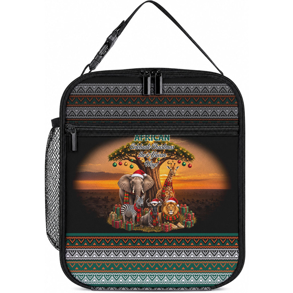 African Safari Animals Christmas Lunch Bag Savannah Wildlife Festive Holiday Tribal Pattern