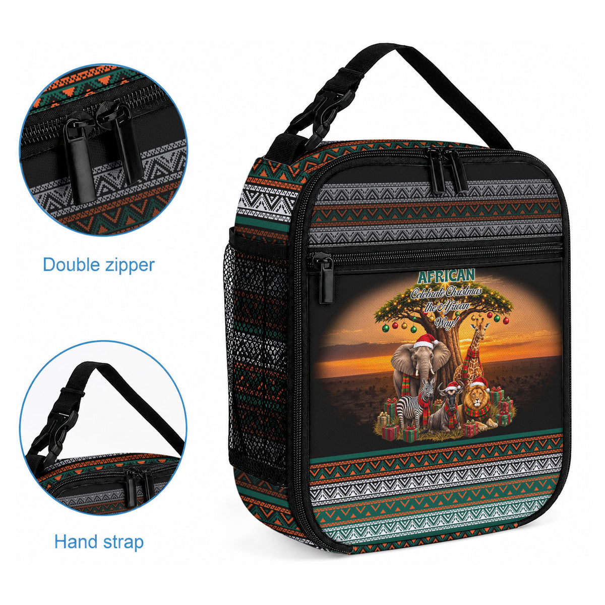 African Safari Animals Christmas Lunch Bag Savannah Wildlife Festive Holiday Tribal Pattern