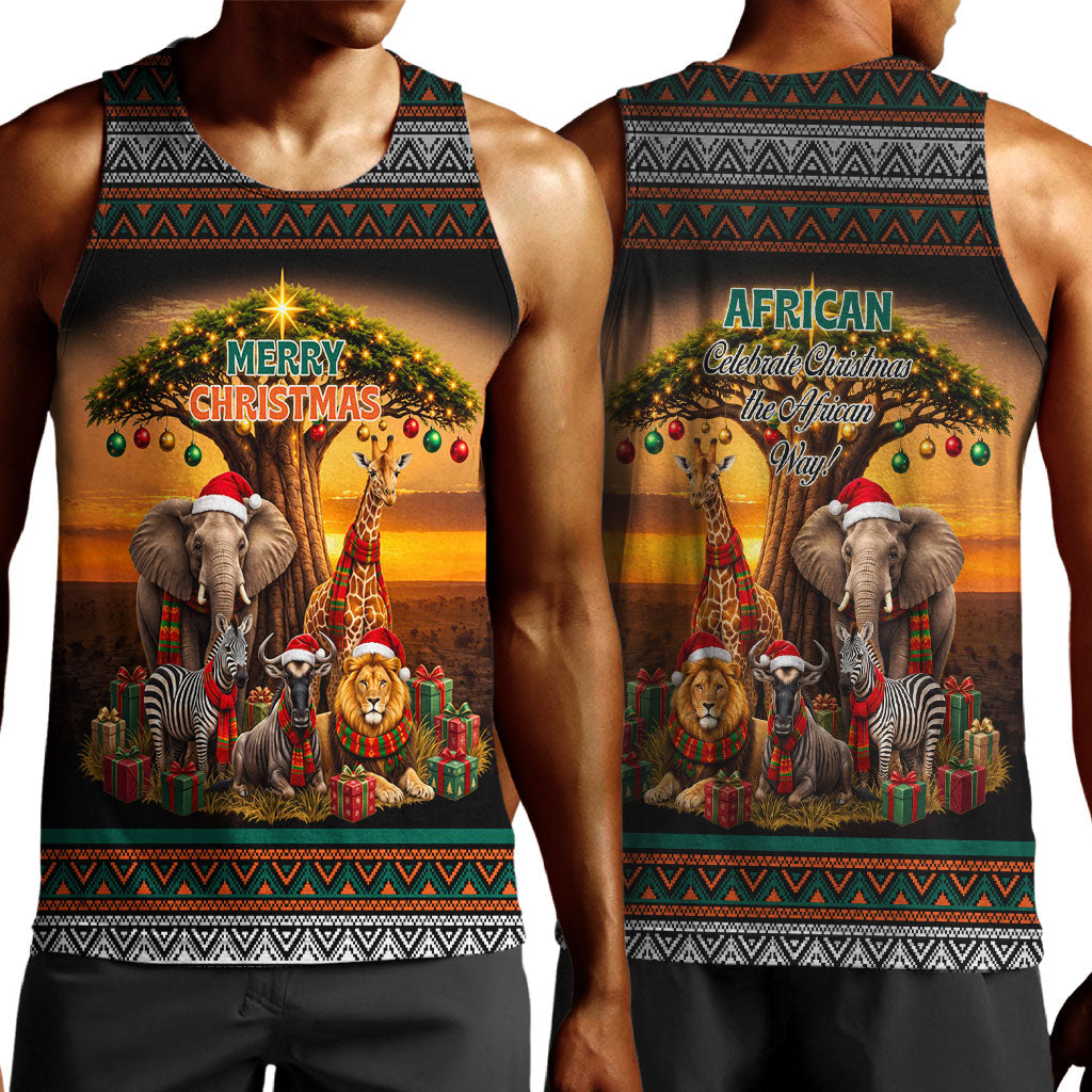 African Safari Animals Christmas Men Tank Top Savannah Wildlife Festive Holiday Tribal Pattern