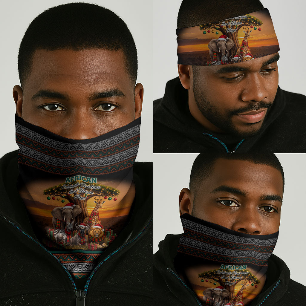 African Safari Animals Christmas Neck Gaiter Savannah Wildlife Festive Holiday Tribal Pattern