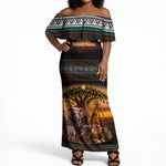 African Safari Animals Christmas Off Shoulder Maxi Dress Savannah Wildlife Festive Holiday Tribal Pattern