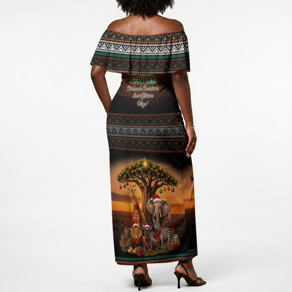 African Safari Animals Christmas Off Shoulder Maxi Dress Savannah Wildlife Festive Holiday Tribal Pattern