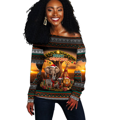 African Safari Animals Christmas Off Shoulder Sweater Savannah Wildlife Festive Holiday Tribal Pattern