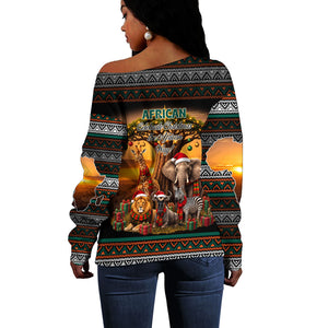 African Safari Animals Christmas Off Shoulder Sweater Savannah Wildlife Festive Holiday Tribal Pattern