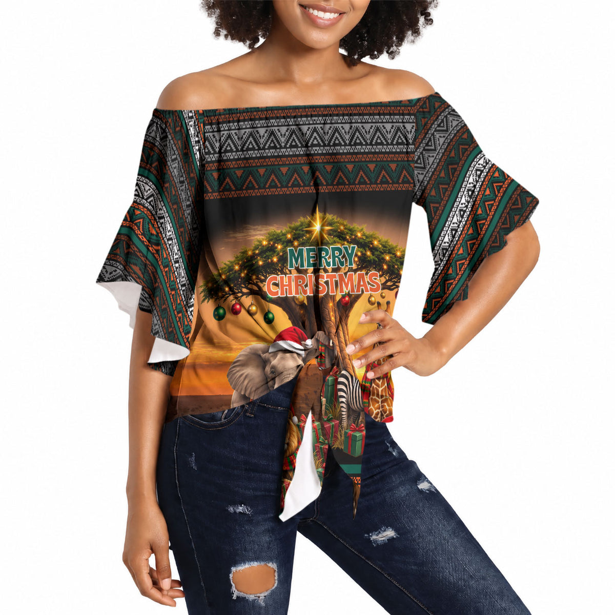 African Safari Animals Christmas Off Shoulder Wrap Waist Top Savannah Wildlife Festive Holiday Tribal Pattern