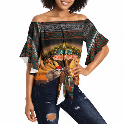African Safari Animals Christmas Off Shoulder Wrap Waist Top Savannah Wildlife Festive Holiday Tribal Pattern