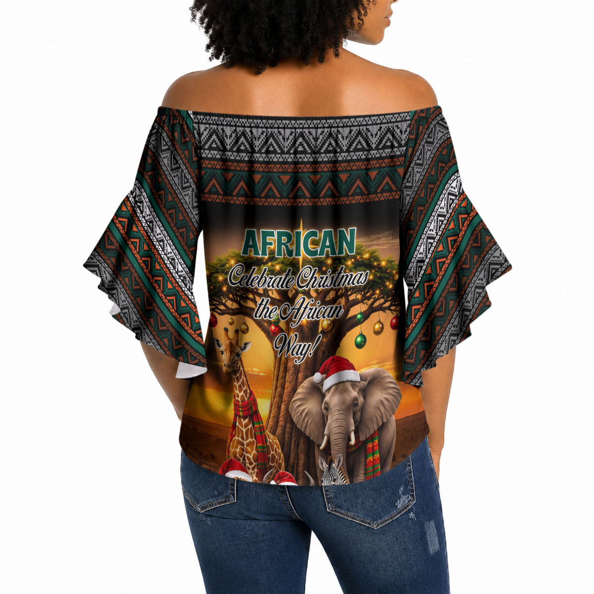 African Safari Animals Christmas Off Shoulder Wrap Waist Top Savannah Wildlife Festive Holiday Tribal Pattern