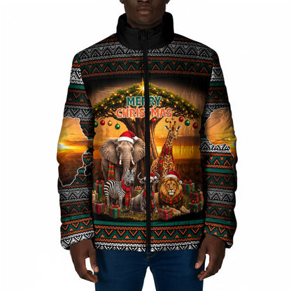 African Safari Animals Christmas Padded Jacket Savannah Wildlife Festive Holiday Tribal Pattern
