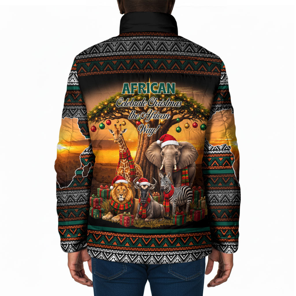 African Safari Animals Christmas Padded Jacket Savannah Wildlife Festive Holiday Tribal Pattern