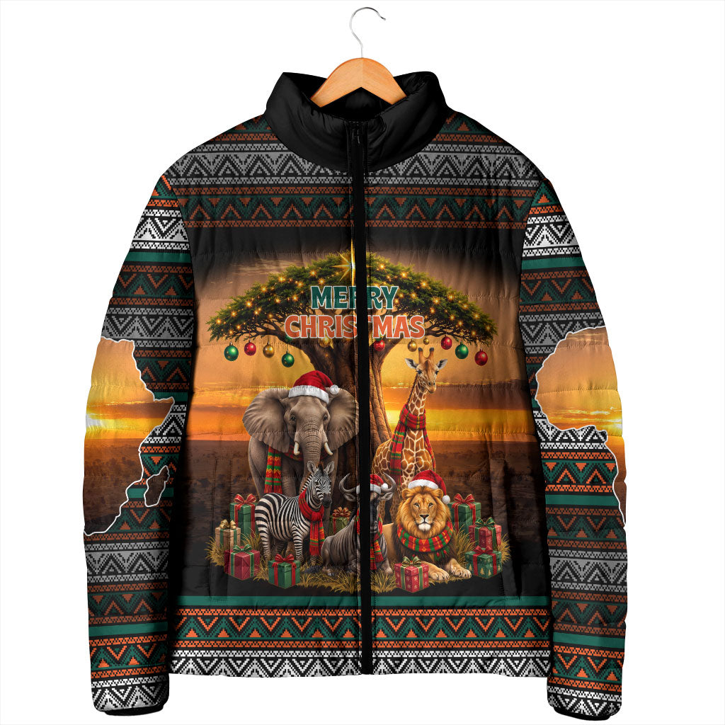 African Safari Animals Christmas Padded Jacket Savannah Wildlife Festive Holiday Tribal Pattern