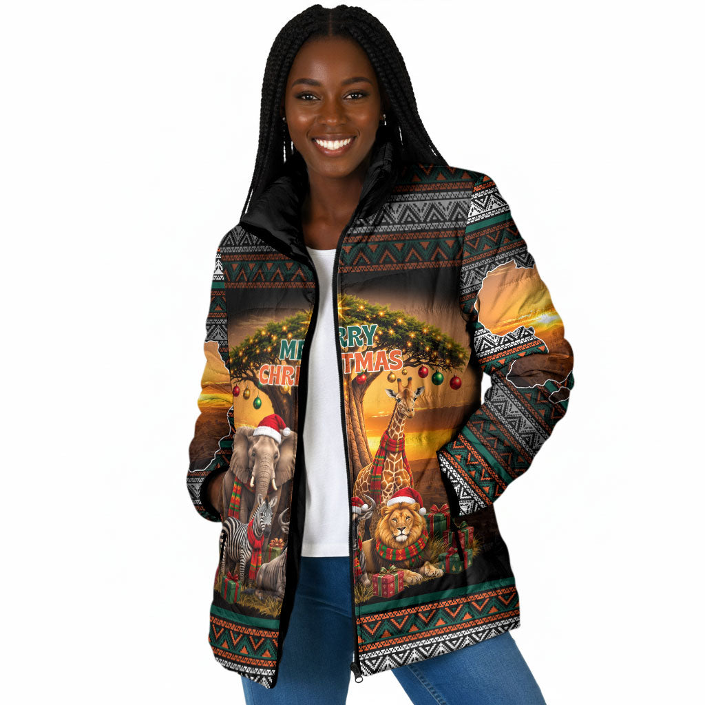 African Safari Animals Christmas Padded Jacket Savannah Wildlife Festive Holiday Tribal Pattern