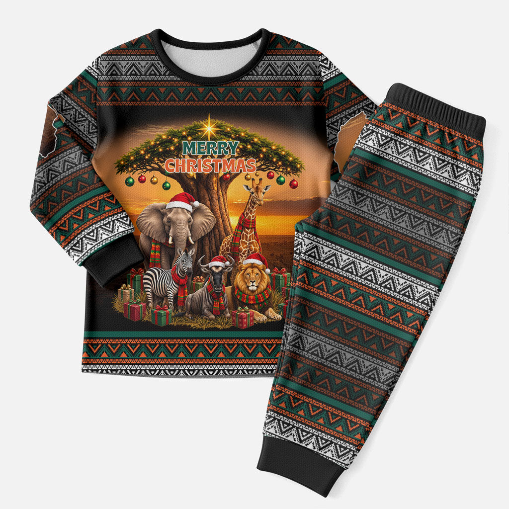 African Safari Animals Christmas Pajama Set Savannah Wildlife Festive Holiday Tribal Pattern