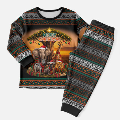 African Safari Animals Christmas Pajama Set Savannah Wildlife Festive Holiday Tribal Pattern