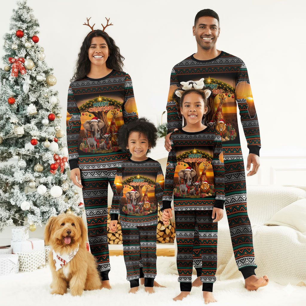 African Safari Animals Christmas Pajama Set Savannah Wildlife Festive Holiday Tribal Pattern