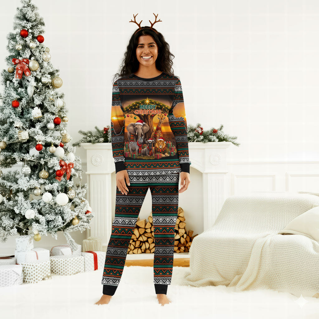 African Safari Animals Christmas Pajama Set Savannah Wildlife Festive Holiday Tribal Pattern